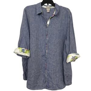 Chico’s Chambray Blue Linen Button Front Shirt Size 4 (20/22) No Iron Novelty